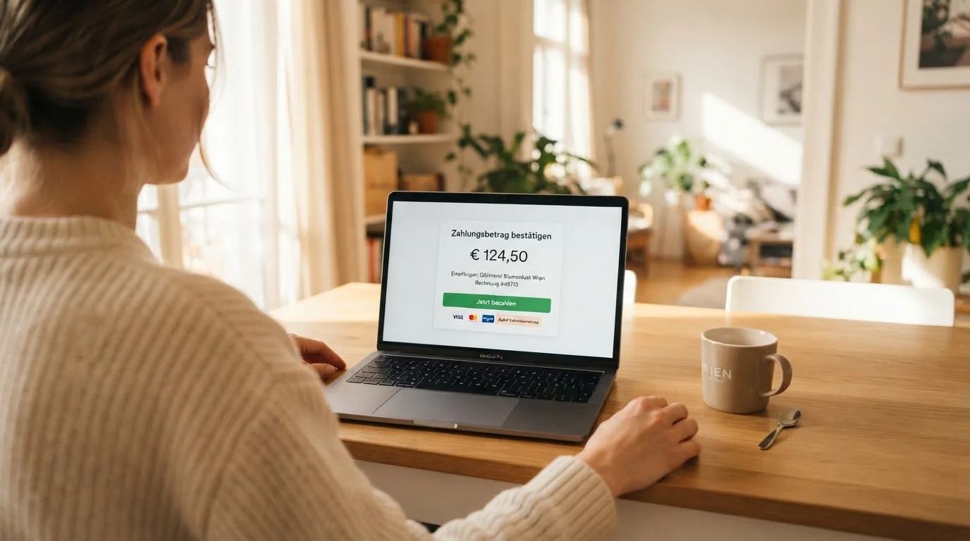 Person sitzt entspannt mit einem Laptop am Küchentisch in einer hellen Wohnung.