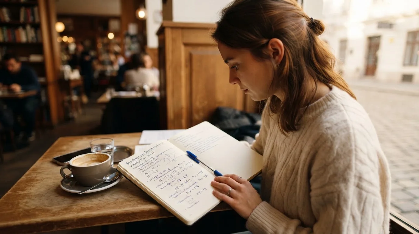 Eine junge Frau blättert entspannt in einem Notizbuch neben einer Tasse Kaffee.