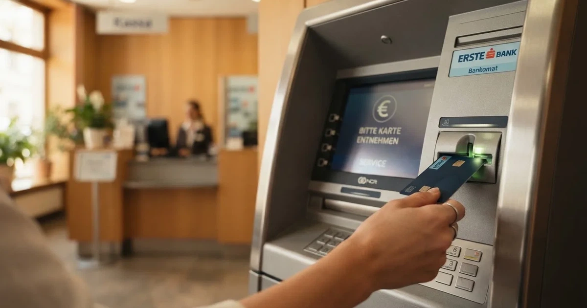 Nahaufnahme einer Hand, die an einem Bankomaten in einer österreichischen Filiale eine Karte einführt.