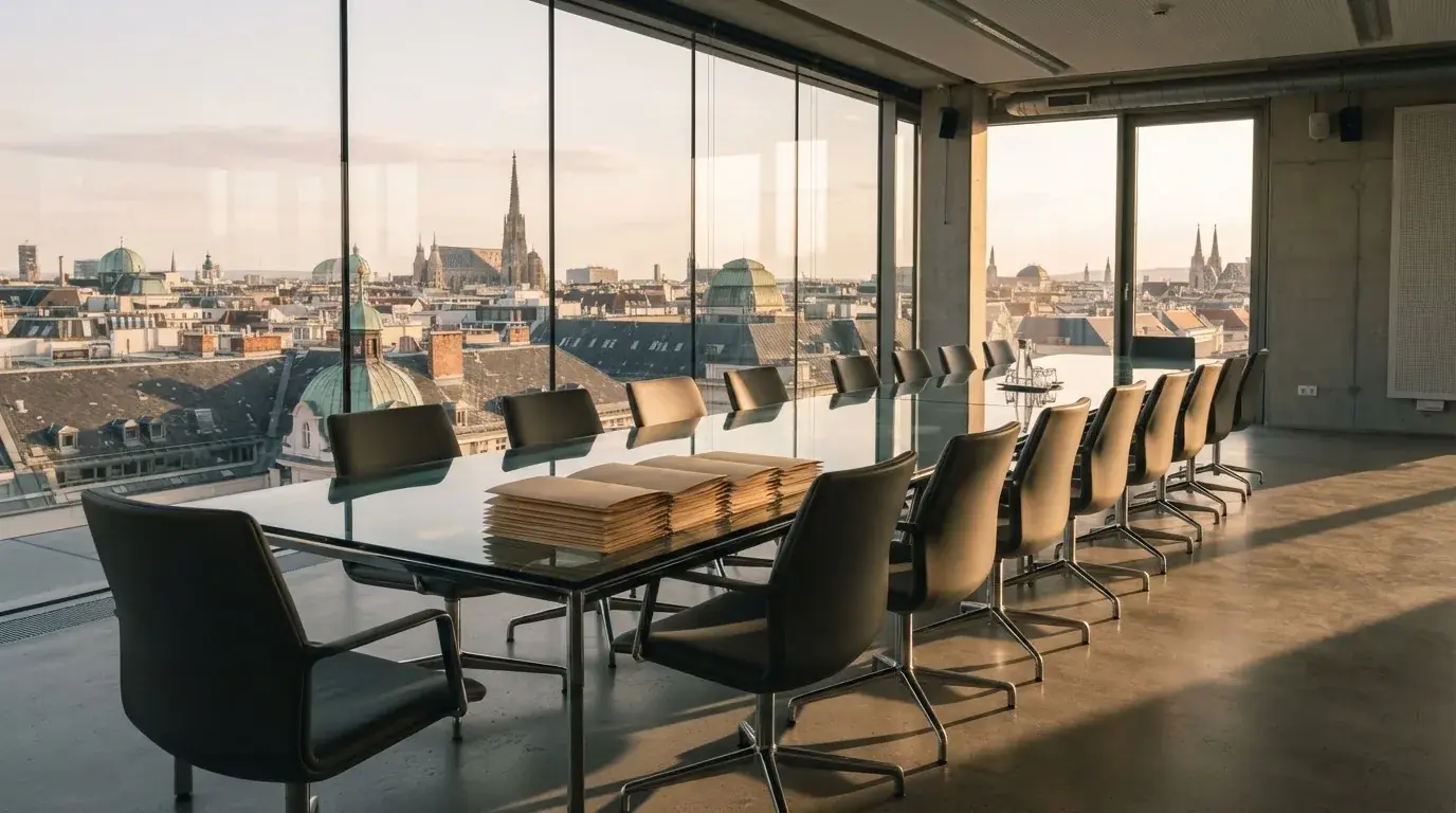 Reihe leerer Bürostühle in einem modernen Besprechungsraum mit großer Fensterfront.