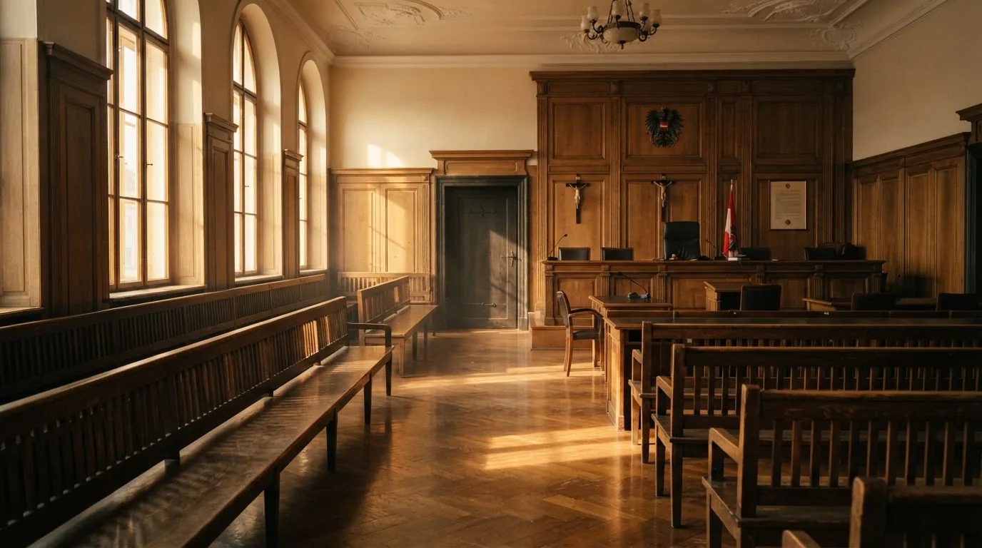Innenansicht eines leeren Gerichtssaals mit Holzbänken und hohen Fenstern im Nachmittagslicht.