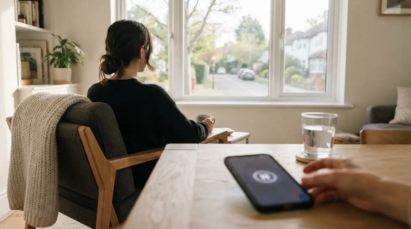 Eine Person legt ihr Smartphone beiseite und blickt nachdenklich aus einem Fenster.