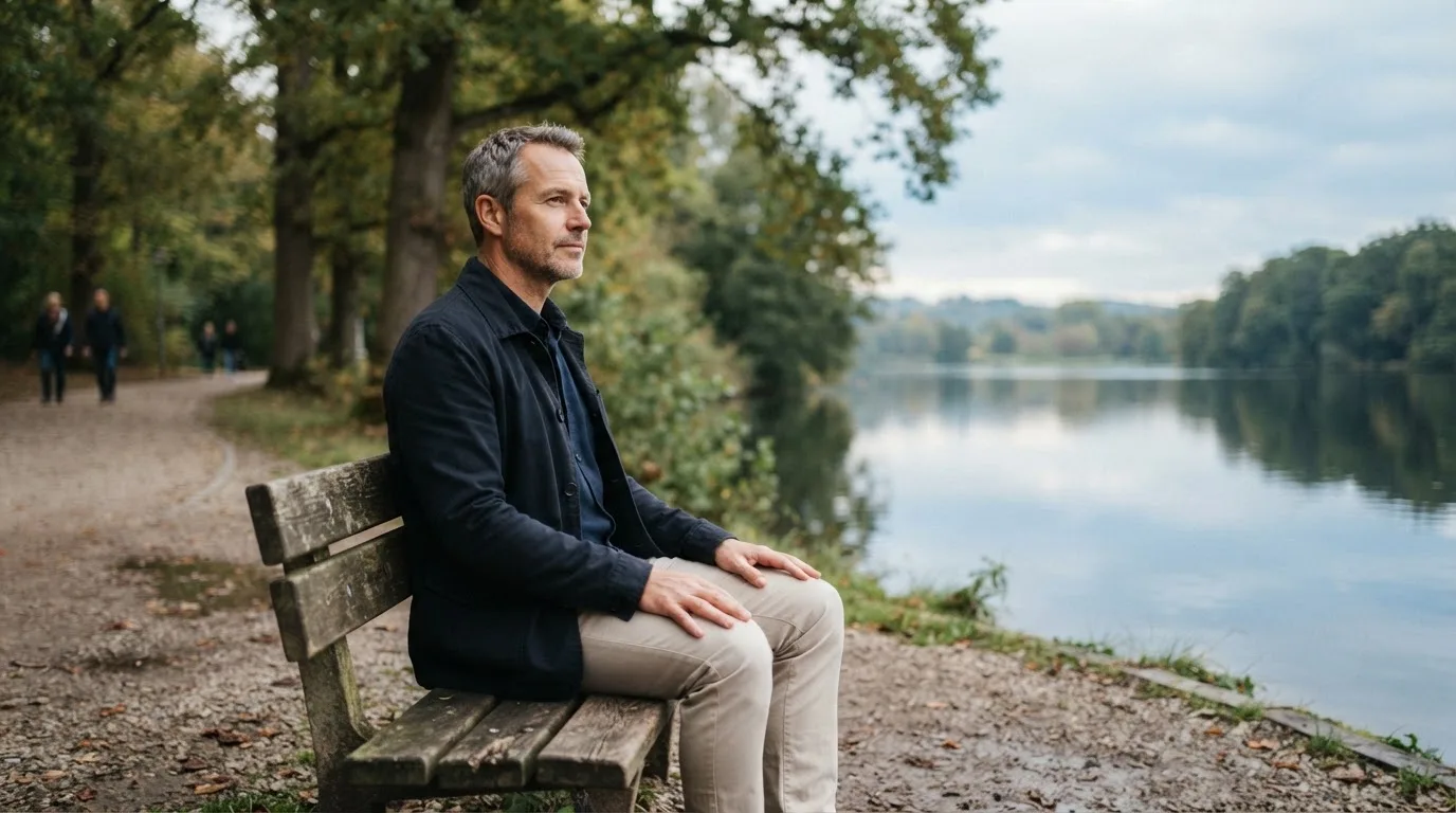 Ein Mann sitzt allein auf einer Parkbank und blickt ruhig auf einen See.